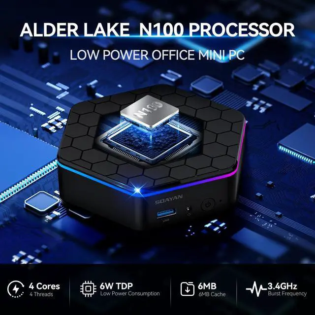 Alt view image 2 of 5 - SOAYAN Mini PC, 12th Alder Lake N100 Linux Mini Computer (up to 3.4GHz), 16GB DDR4 RAM 512GB SSD Small Desktop Computer WiFi 6/4K Dual Display/USB3.2/BT5.2/Gigabit Ethernet for Home, Office, Business