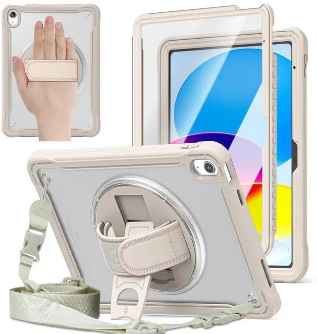 Main image of ZenRich Clear Case for iPad 11th (A16)/ iPad 10th Generation 10.9 inch 2025/2022, Shockproof Slim Hard Case with Screen Protector/Pencil Holder/360°Rotating Kickstand/Handle/Carrying Strap, Khaki