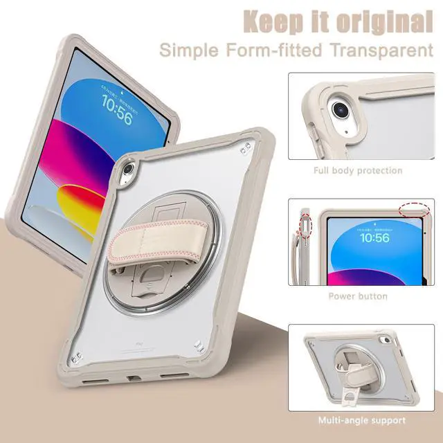 Alt view image 3 of 5 - ZenRich Clear Case for iPad 11th (A16)/ iPad 10th Generation 10.9 inch 2025/2022, Shockproof Slim Hard Case with Screen Protector/Pencil Holder/360°Rotating Kickstand/Handle/Carrying Strap, Khaki