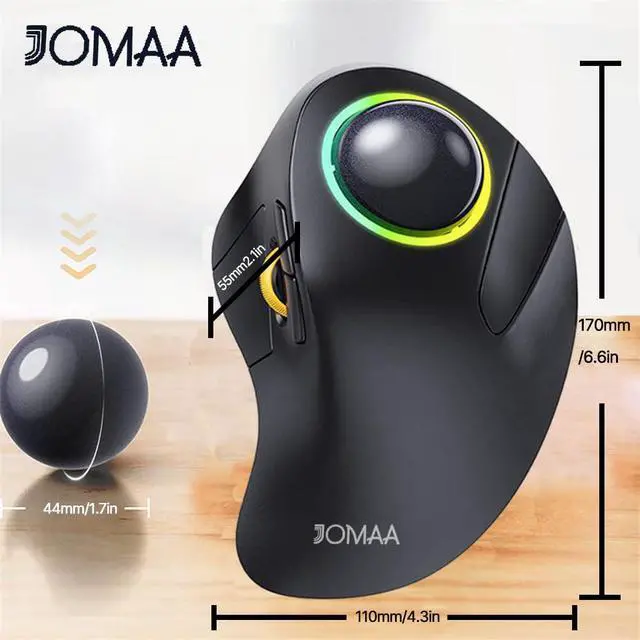 Alt view image 2 of 5 - JOMAA Wireless Bluetooth Trackball Mouse with RGB Backlight,Finger Control, 3 Device Switch, Silent Rechargeable Ergonomic Drawing Office Mouse for Laptop, Desktop Computer, Tablet Phone