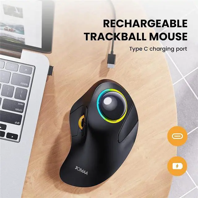 Alt view image 4 of 5 - JOMAA Wireless Bluetooth Trackball Mouse with RGB Backlight,Finger Control, 3 Device Switch, Silent Rechargeable Ergonomic Drawing Office Mouse for Laptop, Desktop Computer, Tablet Phone