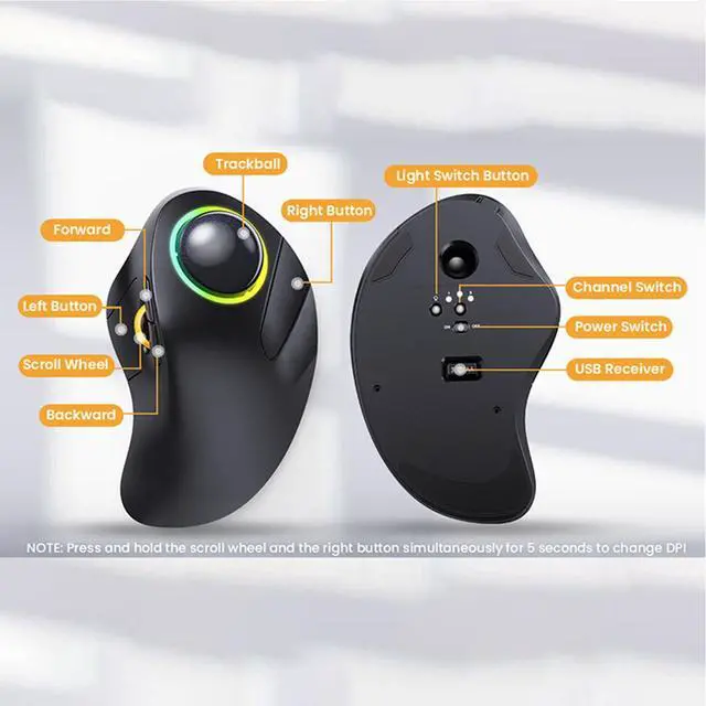 Alt view image 5 of 5 - JOMAA Wireless Bluetooth Trackball Mouse with RGB Backlight,Finger Control, 3 Device Switch, Silent Rechargeable Ergonomic Drawing Office Mouse for Laptop, Desktop Computer, Tablet Phone