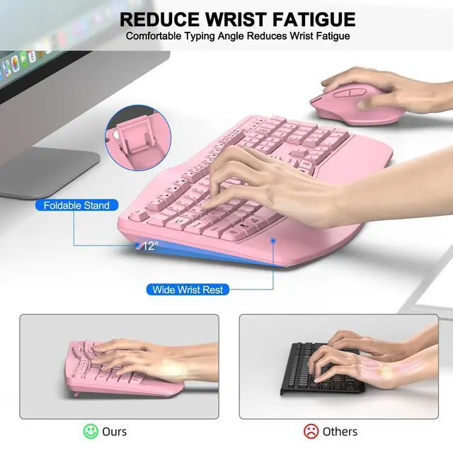 Alt view image 3 of 5 - Wireless Keyboard and Mouse Combo, 2.4G Full Size Wave Keys Ergonomic Keyboard with Wrist Rest and 3-Level DPI Adjustable Wireless Ergonomic Mouse for Windows, Mac OS Desktop/Laptop/PC(Pink)