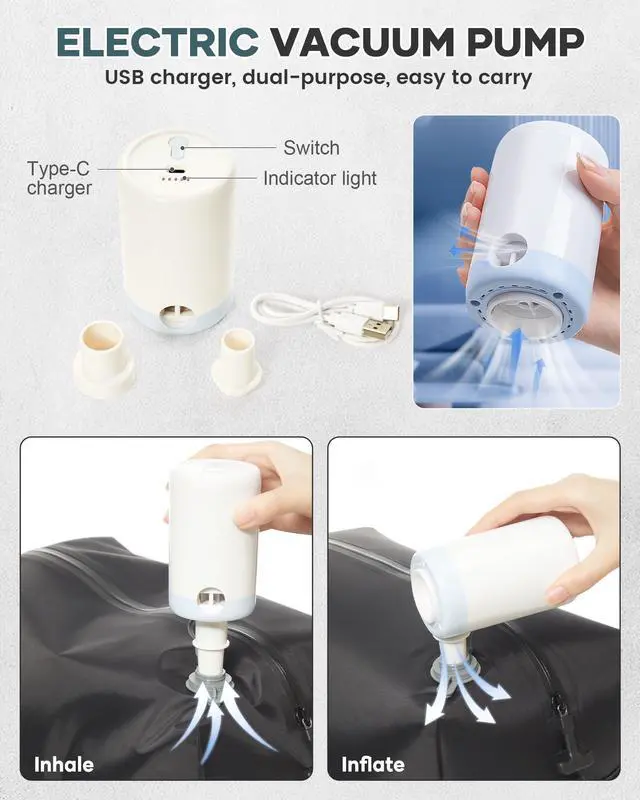 Alt view image 4 of 5 - Vacuum Travel Backpack with Pump for Women, Personal Item Carry on Backpacks Flight Approved 18x14x8 inches for Men,Laptop Waterproof Work Compression bags Casual Daypack. (Blue)