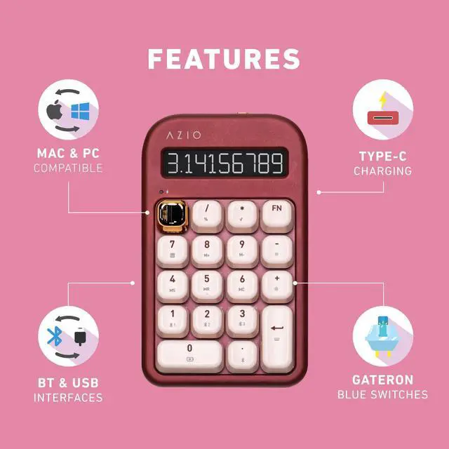Alt view image 5 of 5 - AZIO IZO Wireless Mechanical Calculator & Number Pad (Red/Gold) - Bluetooth 5.0 & USB, Gateron-Blue Mechanical Switch, 9 Backlight Modes, Rechargeable, PC & Mac Compatible, Baroque Rose (IN106)