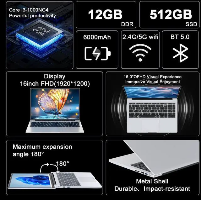 Alt view image 4 of 5 - ZOLWAYTAC Gaming Laptops,Core i3 2 Cores 4 Threads (Upto 3.2GHz) Processor,16" FHD Display 1920X1200IPS,12GB DDR4 512GB SSD,Aluminum Body,WiFi/BT,Silver
