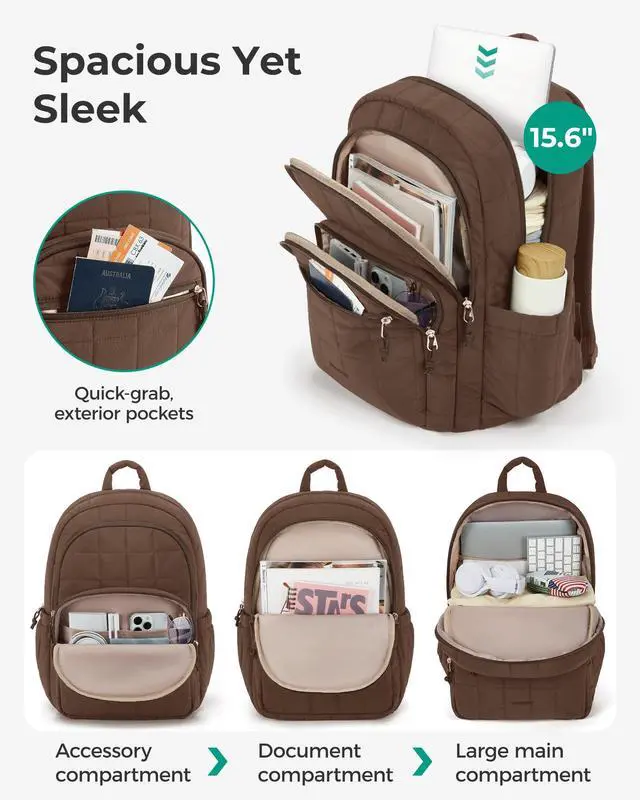 Alt view image 3 of 5 - BAGSMART College Laptop Backpack, Travel Backpack for Women, Quilted Casual Daypack, Water-Resistant Bookbag for 15.6 Inch Laptop, Chocolate