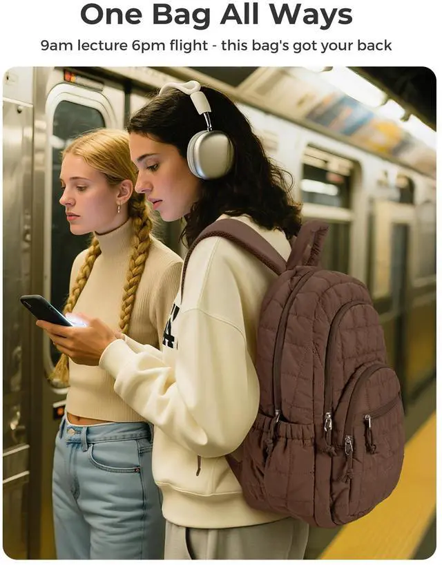 Alt view image 2 of 5 - BAGSMART College Laptop Backpack, Travel Backpack for Women, Quilted Casual Daypack, Water-Resistant Bookbag for 15.6 Inch Laptop, Chocolate