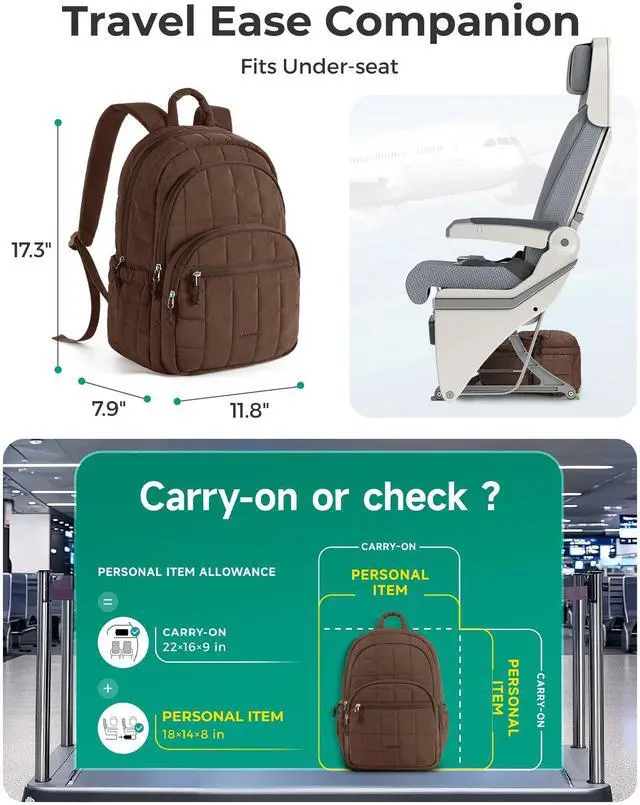 Alt view image 4 of 5 - BAGSMART College Laptop Backpack, Travel Backpack for Women, Quilted Casual Daypack, Water-Resistant Bookbag for 15.6 Inch Laptop, Chocolate