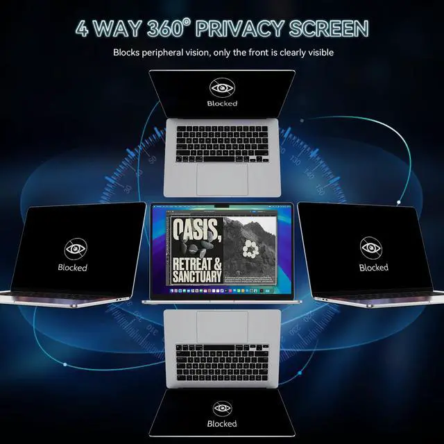 Alt view image 2 of 5 - 360° Privacy Screen for MacBook Air 15 Inch (2023-2025, M2 M3 M4) - A2941 A3114 A3241, 4 Way Privacy Anti Glare Blue Light Filter Shield Film Anti Spy Laptop Protector for Mac 15.3In Computer