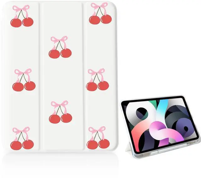 Main image of Girly Cute Cherry Tie Case for iPad 11 inch (A16 Chip) 2025 Generation 11th/iPad 10.9 inch 2022 10th Gen with Pencil Holder and Auto Sleep/Wake,White Leather Soft TPU Back Shell Stand Cover