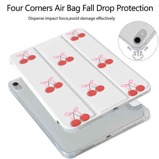 Alt view image 3 of 5 - Girly Cute Cherry Tie Case for iPad 11 inch (A16 Chip) 2025 Generation 11th/iPad 10.9 inch 2022 10th Gen with Pencil Holder and Auto Sleep/Wake,White Leather Soft TPU Back Shell Stand Cover