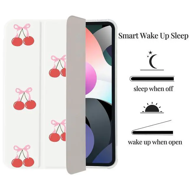 Alt view image 5 of 5 - Girly Cute Cherry Tie Case for iPad 11 inch (A16 Chip) 2025 Generation 11th/iPad 10.9 inch 2022 10th Gen with Pencil Holder and Auto Sleep/Wake,White Leather Soft TPU Back Shell Stand Cover