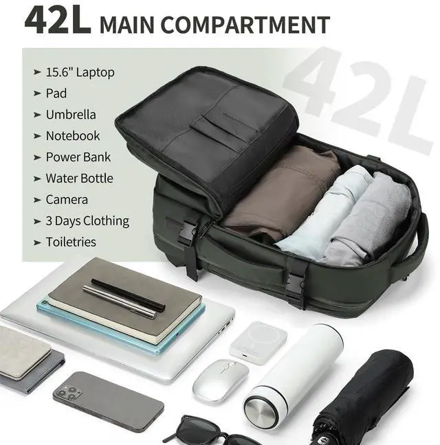 Alt view image 4 of 5 - SUIKIHUM Travel Carry on Backpack, 18.9" Flight Approved, Expandable Weekender Bag with Waterproof USB A/C Port, Equivalent to 18" Suitcase, Green