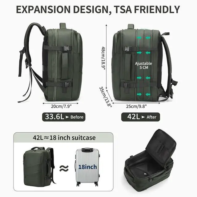 Alt view image 3 of 5 - SUIKIHUM Travel Carry on Backpack, 18.9" Flight Approved, Expandable Weekender Bag with Waterproof USB A/C Port, Equivalent to 18" Suitcase, Green