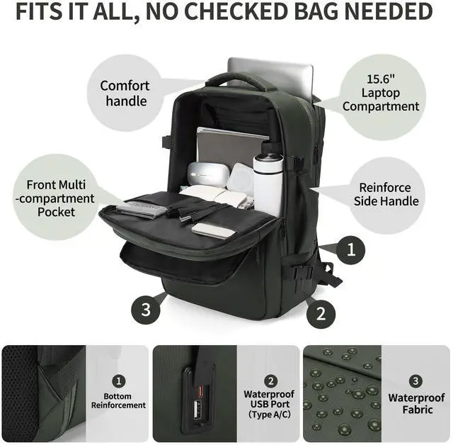 Alt view image 5 of 5 - SUIKIHUM Travel Carry on Backpack, 18.9" Flight Approved, Expandable Weekender Bag with Waterproof USB A/C Port, Equivalent to 18" Suitcase, Green