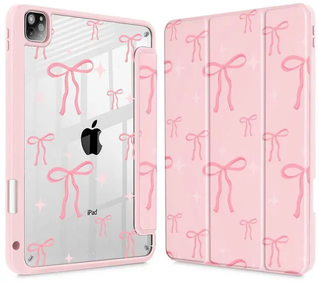 May Chen for iPad Pro 11 inch M2 4th Generation 2022, iPad Pro 11 3rd/2nd/1st Gen, Case with Transparent Shockproof Back Cover [Built-in Pencil Holder, Auto Sleep/Wake, Pink Bows P721