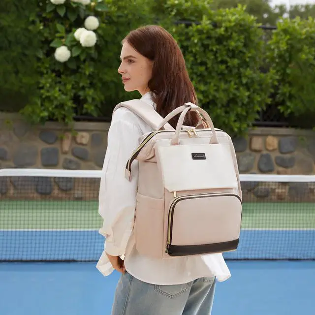 Alt view image 2 of 5 - LOVEVOOK Laptop Backpack for Women with Giant Tumbler Holder Pocket, 15.6 inch Travel Work Bag Purse for Nurse Teacher, Waterproof Casual Daypack for College Business Beige