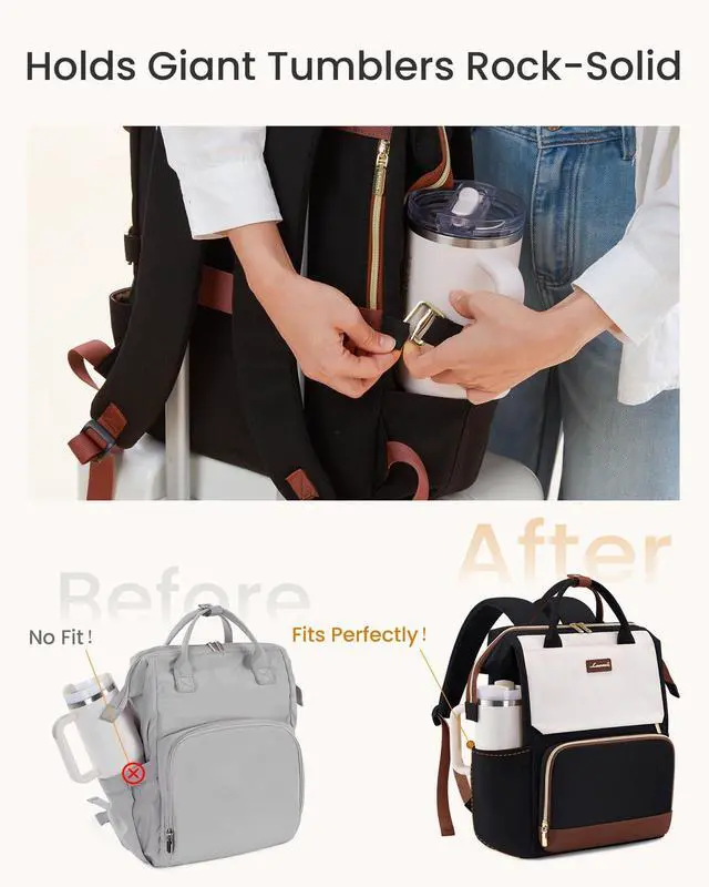 Alt view image 3 of 5 - LOVEVOOK Laptop Backpack for Women with Giant Tumbler Holder Pocket, 15.6 inch Travel Work Bag Purse for Nurse Teacher, Waterproof Casual Daypack for College Business Beige