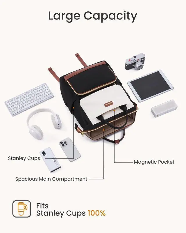 Alt view image 5 of 5 - LOVEVOOK Laptop Backpack for Women with Giant Tumbler Holder Pocket, 15.6 inch Travel Work Bag Purse for Nurse Teacher, Waterproof Casual Daypack for College Business Beige