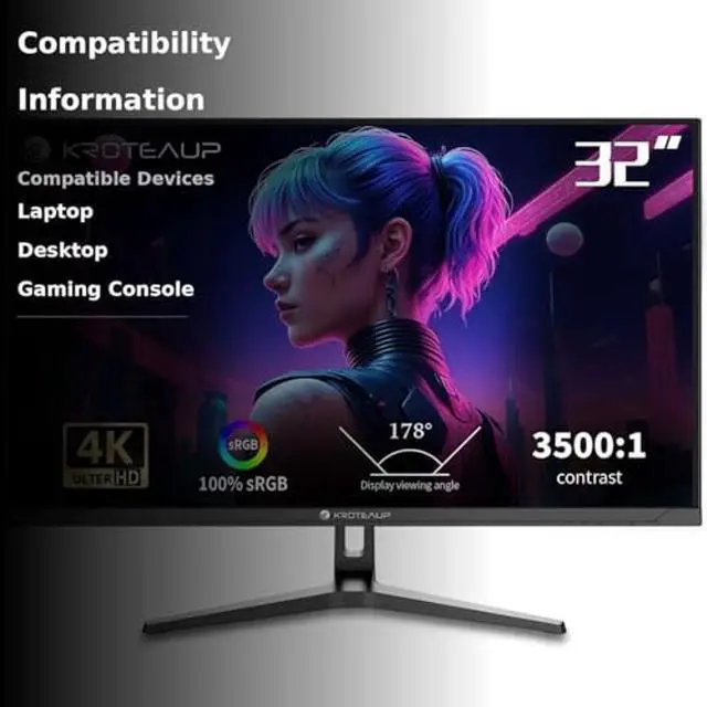 Alt view image 3 of 5 - Kroteaup 32 Inch UHD Gaming Monitor, (3840 X 2160) Computer Monitor, HDR400, DCI-P3 86%100% sRGB, Eye Care, Freesync, HDMI, Dp Port and Built-in Speaker, Support Wall