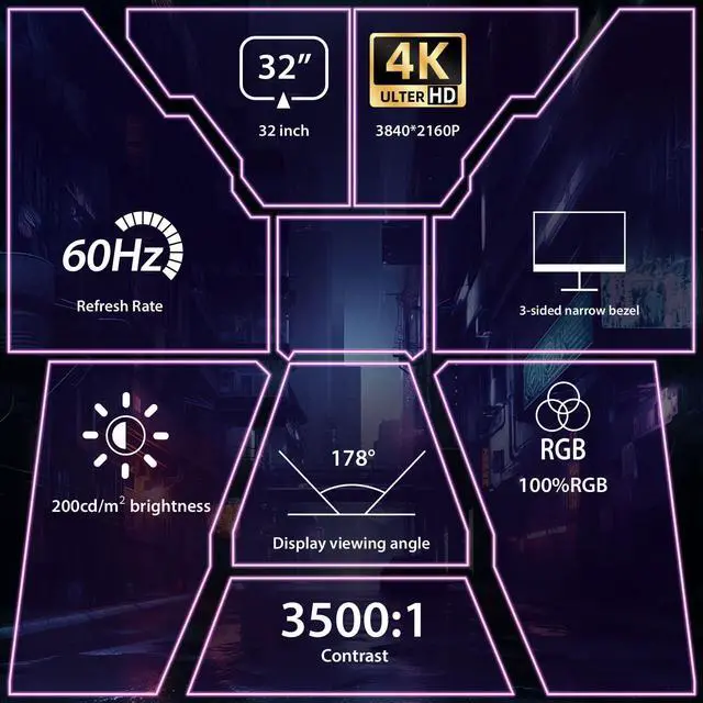 Alt view image 2 of 5 - Kroteaup 32 Inch UHD Gaming Monitor, (3840 X 2160) Computer Monitor, HDR400, DCI-P3 86%100% sRGB, Eye Care, Freesync, HDMI, Dp Port and Built-in Speaker, Support Wall