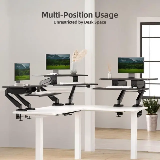 Alt view image 5 of 5 - Claiks 24-Inch Sit-Stand WorkstationInnovative Space-Saving Height-Adjustable Ergonomic Desk Converter with Wide Keyboard TrayDual Fixation and Flexible Rotation Function, Black