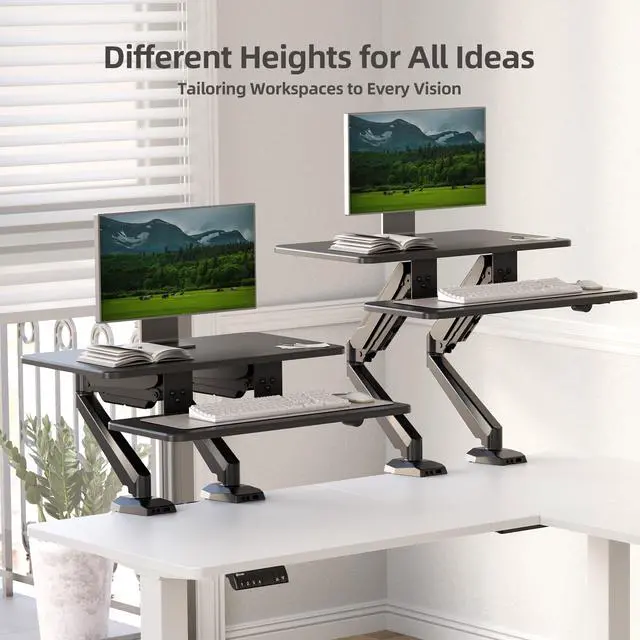 Alt view image 4 of 5 - Claiks 24-Inch Sit-Stand WorkstationInnovative Space-Saving Height-Adjustable Ergonomic Desk Converter with Wide Keyboard TrayDual Fixation and Flexible Rotation Function, Black