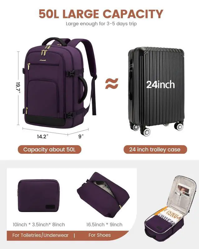 Alt view image 2 of 5 - LOVEVOOK Carry On Travel Backpack For Women Flight Approved, 50L Large Personal Item Backpack Travel Bag for Airplanes, Business 18 Inch Laptop Backpack, Weekender Overnight Daypack, With 3 Cubes