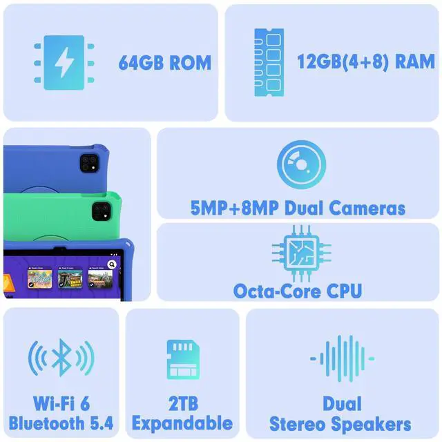 Alt view image 5 of 5 - Kids Tablet, 10.1 Inch Android 15 Tablet for Kids, 12GB+64GB, Octa-Core, 6000mAh Battery, WiFi 6, Pre-Installed Kids Apps, Parental Control, with EVA Protective Case  Ideal Gift for Toddler (Green)
