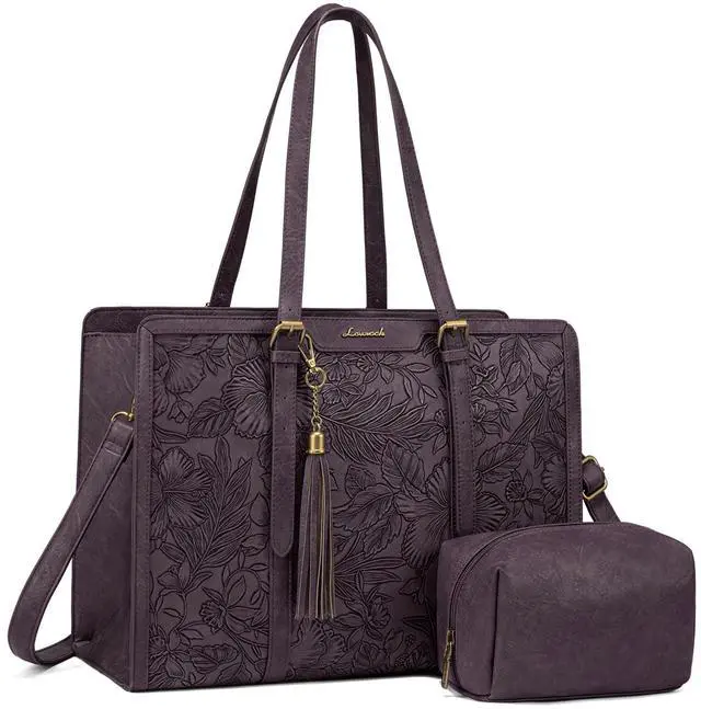 Main image of LOVEVOOK Laptop Tote Bag for Women,17 inch Canvas Leather Computer bag with Clutch Purse for Business, Travel, School, Casual (Light Purple Embossed-P, 15.6 inch)