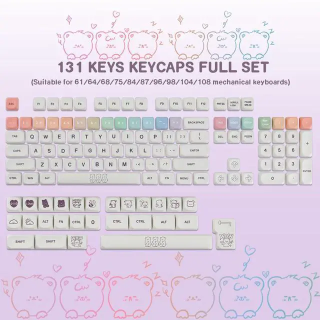 Alt view image 3 of 5 - Sunzit MOA Keycaps,131 Keys Cute PBT Bear Custom Keycaps 60 65 75 100 Percent,Dye-Sub Key caps Keyboard Keycap Set for MX Switches Mechanical Keyboard (White)