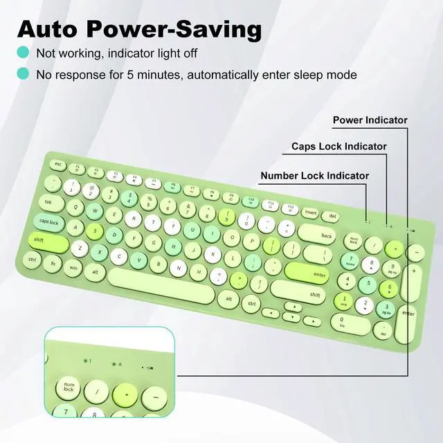 Alt view image 3 of 5 - Wireless Keyboard and Mouse Combo, Retro Typewriter Keyboard with Round Keycaps, 2.4GHz USB Cute Wireless Keyboard Mouse for Computer, Desktop, Laptop (Green Colorful)