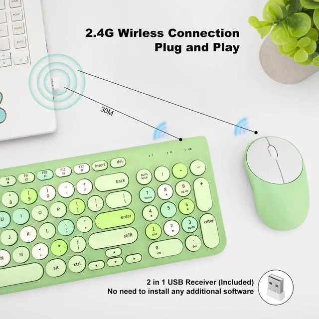 Alt view image 2 of 5 - Wireless Keyboard and Mouse Combo, Retro Typewriter Keyboard with Round Keycaps, 2.4GHz USB Cute Wireless Keyboard Mouse for Computer, Desktop, Laptop (Green Colorful)
