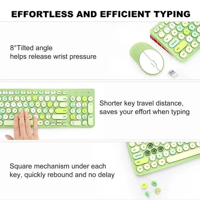 Alt view image 4 of 5 - Wireless Keyboard and Mouse Combo, Retro Typewriter Keyboard with Round Keycaps, 2.4GHz USB Cute Wireless Keyboard Mouse for Computer, Desktop, Laptop (Green Colorful)