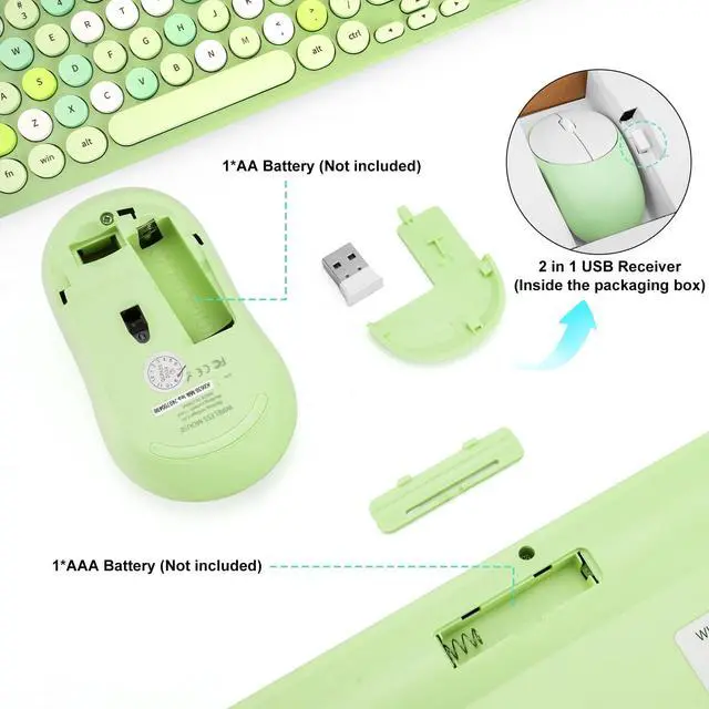 Alt view image 5 of 5 - Wireless Keyboard and Mouse Combo, Retro Typewriter Keyboard with Round Keycaps, 2.4GHz USB Cute Wireless Keyboard Mouse for Computer, Desktop, Laptop (Green Colorful)
