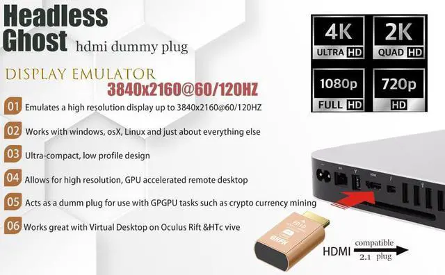 Alt view image 2 of 5 - 4K 120Hz hdmi Dummy Plug - Display to hdmi Adapter, Luna Display Virtual Window for Home-edid Emulator-Dummy, displayport Headless dummie dongle(HDMI-2.1port-4K-120Hz-3P)