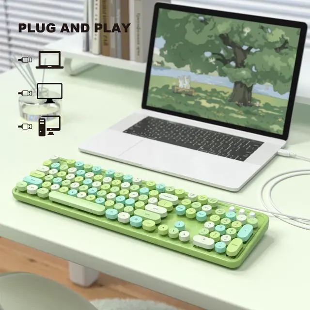 Alt view image 5 of 5 - SQMD Colorful Computer Keyboards Wired, USB Plug and Play Full Size Typewriter Keyboard, Cute Aesthetic Keyboard with Foldable Stands for Windows PC Laptop (Green)
