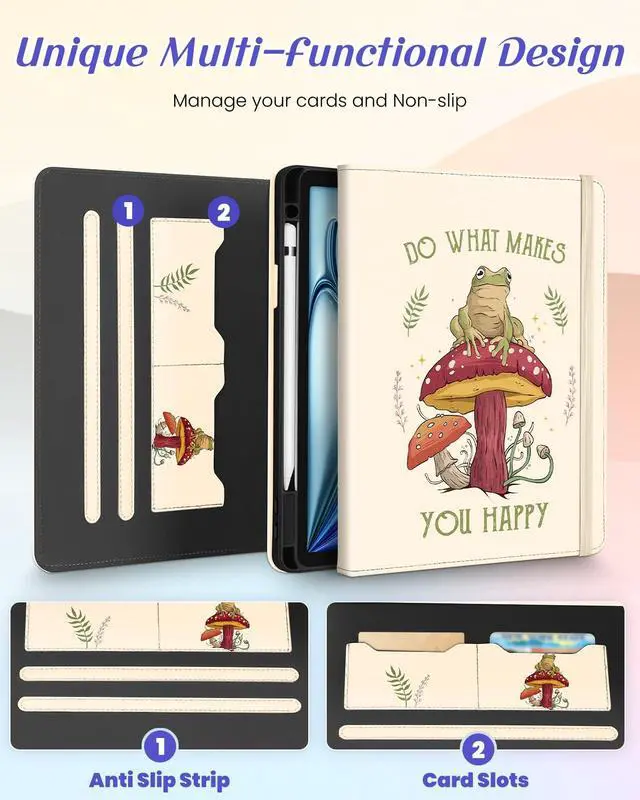 Alt view image 3 of 5 - Kidcube for iPad Air 11 Inch Case M3/M2, Air 5th/4th Generation Cases 10.9'', Pro 11'' 2020 - Women Girls Aesthetic Cute Rotating Stand Folio Cover with Pencil Holder & Card Slot Cool Frog Mushroom