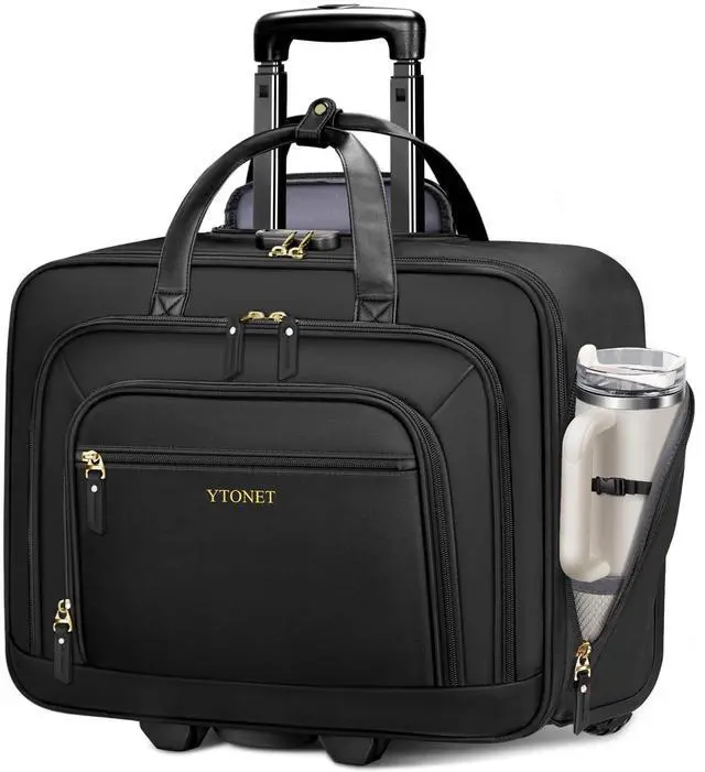 Main image of Ytonet Rolling Laptop Bag Women, 17.3 Inch Laptop Briefcase with Large Cup Holder, Carry On Luggage with Insulated & Waterproof Pocket, Roller Bag with Lock, Teacher Bag for Work Travel,Black