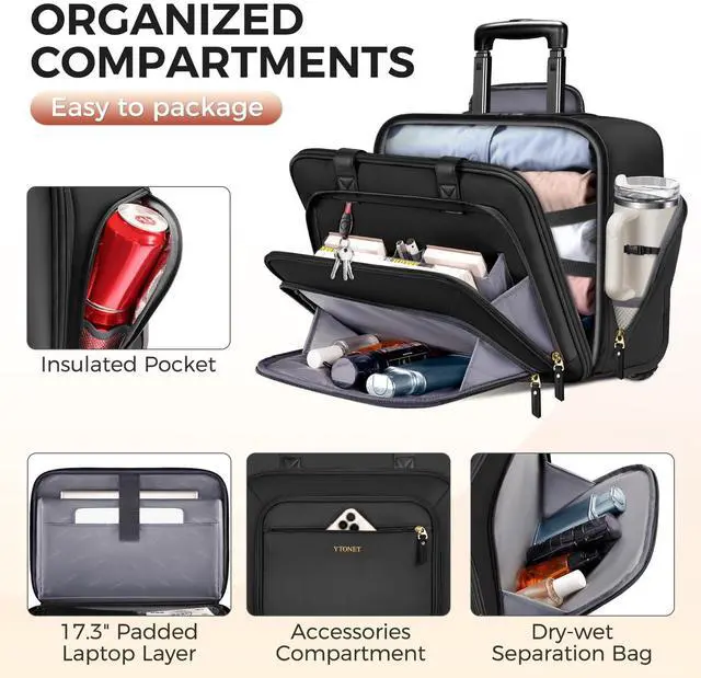 Alt view image 4 of 5 - Ytonet Rolling Laptop Bag Women, 17.3 Inch Laptop Briefcase with Large Cup Holder, Carry On Luggage with Insulated & Waterproof Pocket, Roller Bag with Lock, Teacher Bag for Work Travel,Black