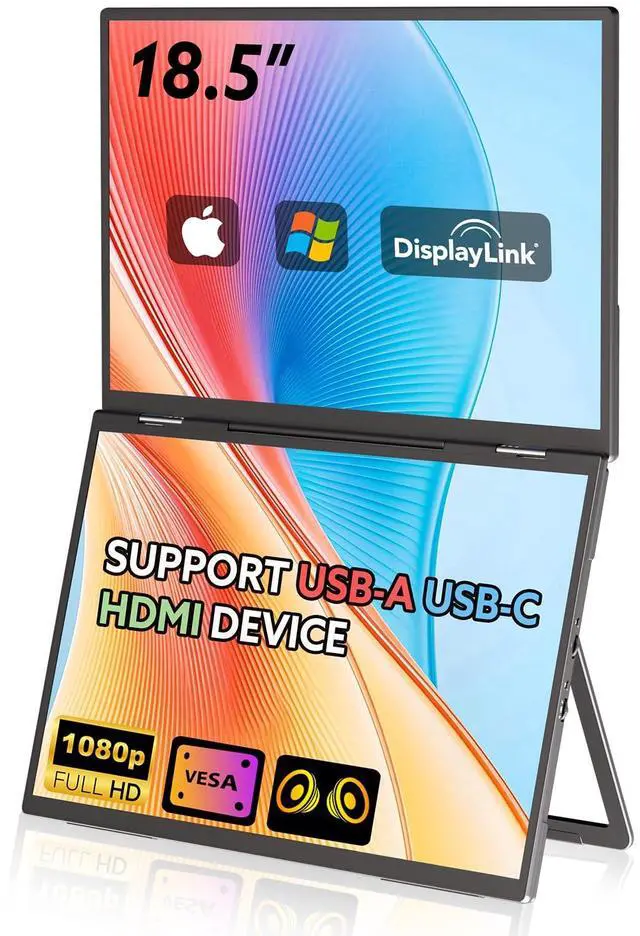 Main image of GWSGUT 18.5'' Dual Portable Monitor FHD 1080P 100Hz USB-C HDMI External Folding Stacked Triple Monitor Built-in Stand Speakers for Laptop PC Windows Mac Portable Screen
