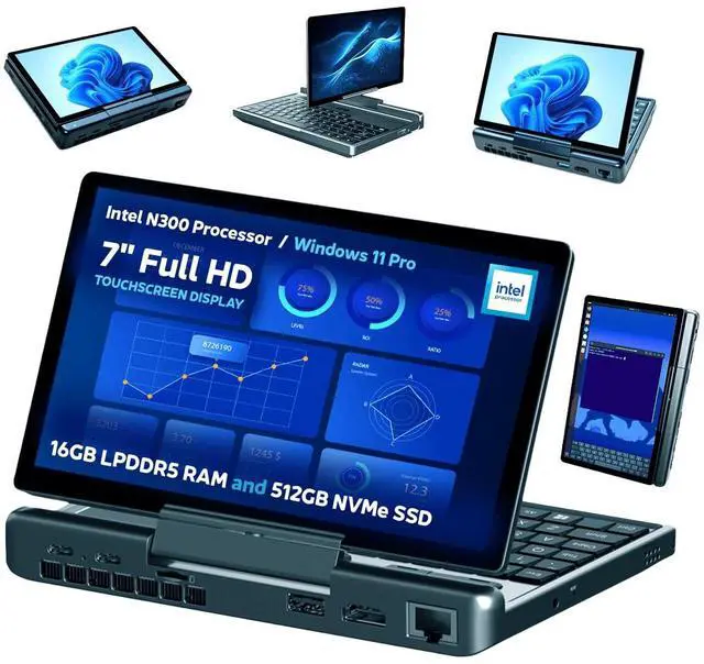 Main image of GPD MicroPC 2 | Portable Mini Laptop with 7" 1080P Display | N300 Intel Processor, UHD Graphics; 16GB LPDDR5, 512GB NVMe SSD; 2.5G Ethernet, USB-C, HDMI 2.1, Wi-Fi 6, BT 5.2