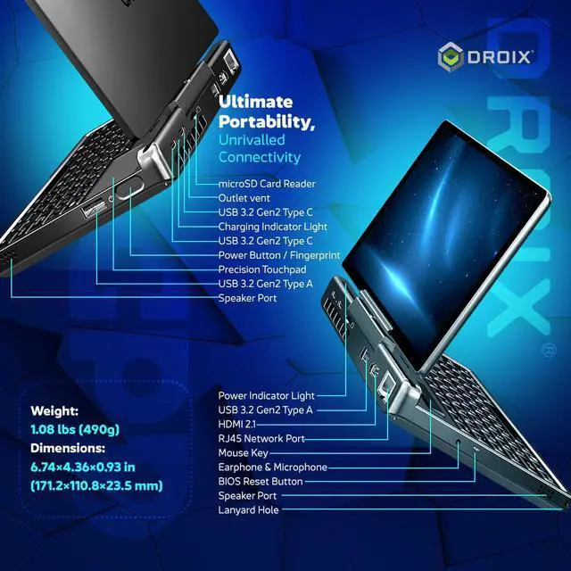 Alt view image 4 of 5 - GPD MicroPC 2 | Portable Mini Laptop with 7" 1080P Display | N300 Intel Processor, UHD Graphics; 16GB LPDDR5, 512GB NVMe SSD; 2.5G Ethernet, USB-C, HDMI 2.1, Wi-Fi 6, BT 5.2