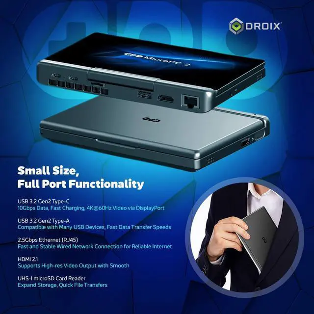 Alt view image 5 of 5 - GPD MicroPC 2 | Portable Mini Laptop with 7" 1080P Display | N300 Intel Processor, UHD Graphics; 16GB LPDDR5, 512GB NVMe SSD; 2.5G Ethernet, USB-C, HDMI 2.1, Wi-Fi 6, BT 5.2