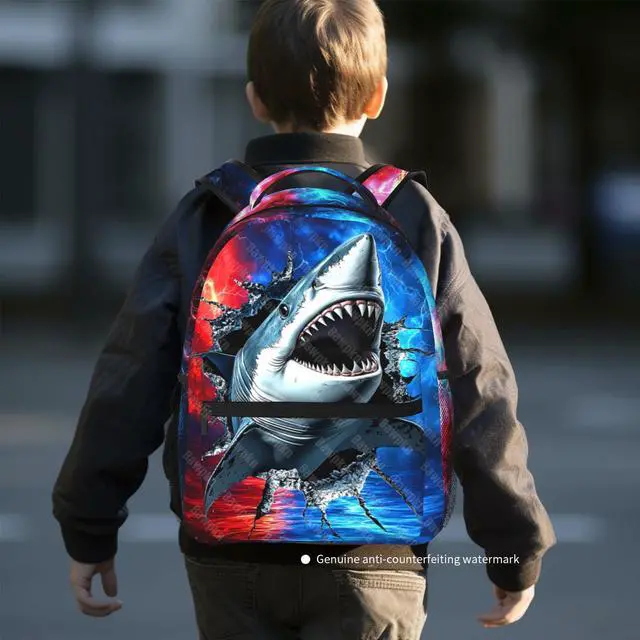 Alt view image 2 of 5 - Bawpkn Shark Backpack for Boys Blue Ocean Animal Schoolbag for Teenage Girls Kids Cute Children Lightweight Waterproof Adjustable Book Bag for Preschool Kindergarten Bookbags Nursery Daycare