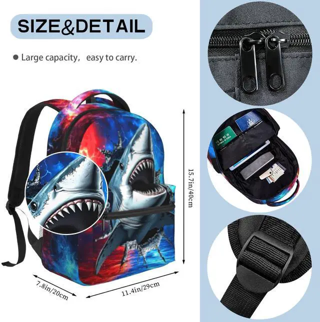 Alt view image 3 of 5 - Bawpkn Shark Backpack for Boys Blue Ocean Animal Schoolbag for Teenage Girls Kids Cute Children Lightweight Waterproof Adjustable Book Bag for Preschool Kindergarten Bookbags Nursery Daycare