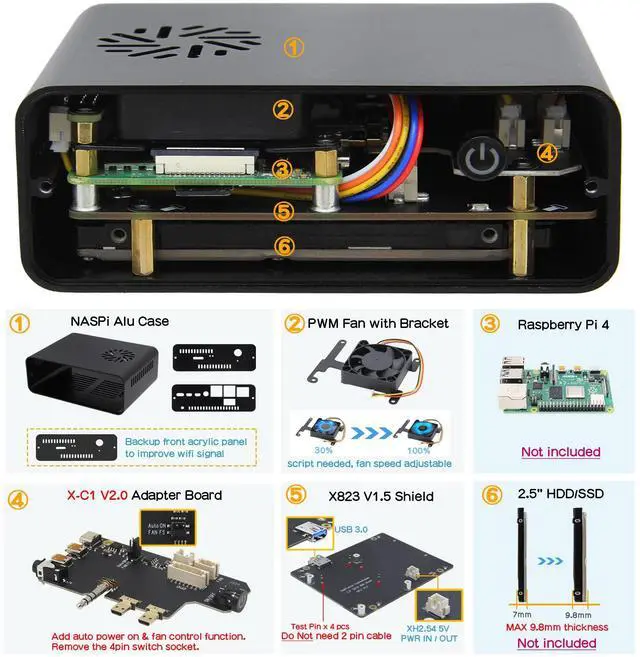Alt view image 4 of 5 - Geekworm NASPi V2.0 2.5 inch SATA HDD/SSD NAS Storage Kit with Safe Shutdown & Auto Power On Function for Raspberry Pi 4 Model B(Not Include Raspberry Pi 4)