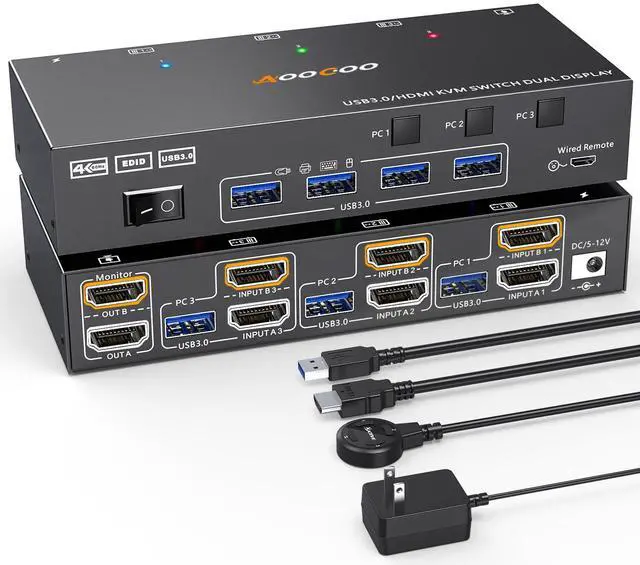Main image of HDMI KVM Switch 2 Monitors 3 PC 4K@60Hz/2K@120Hz KVM Switches with USB 3.0 Port,Wired Remote,Power Adapter and USB3.0 Cables Included