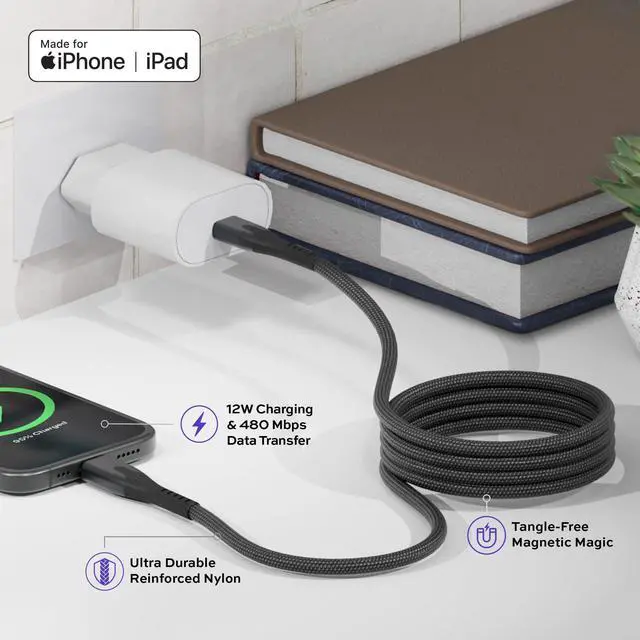 Alt view image 2 of 5 - Statik MagStack USB A to iPhone Cable MFi Certified, Clutter-Free Magnetic Charging Cable, Anti-Tangle Phone Charger Cord, 12W, Compatible with iPhone 14 Pro Max, 13 12 11, 3FT/1M